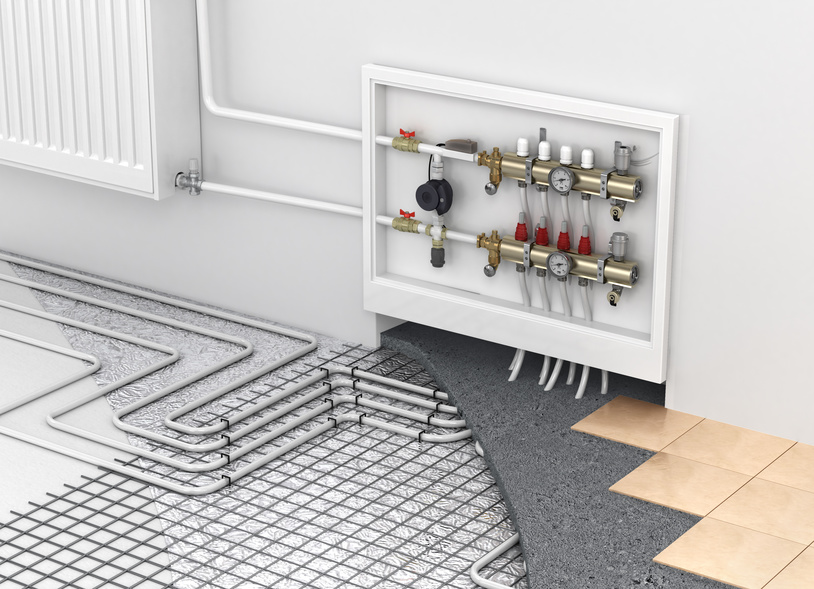 Underfloor heating with collector and radiator in the room. Conc